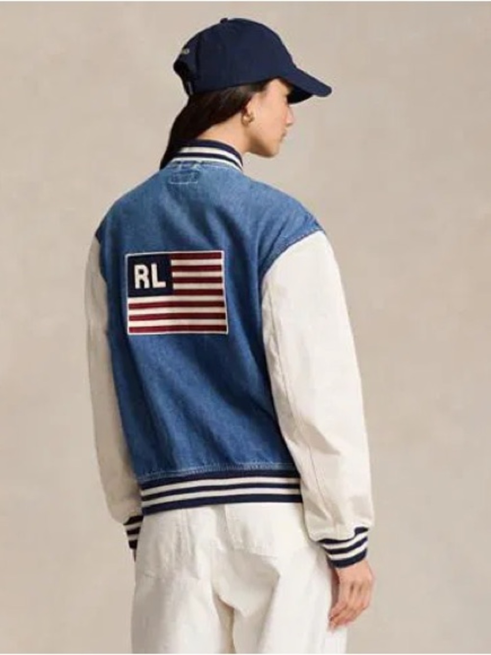 Ralph Lauren Denim Blue & White Varsity Jacket with Flag Patch